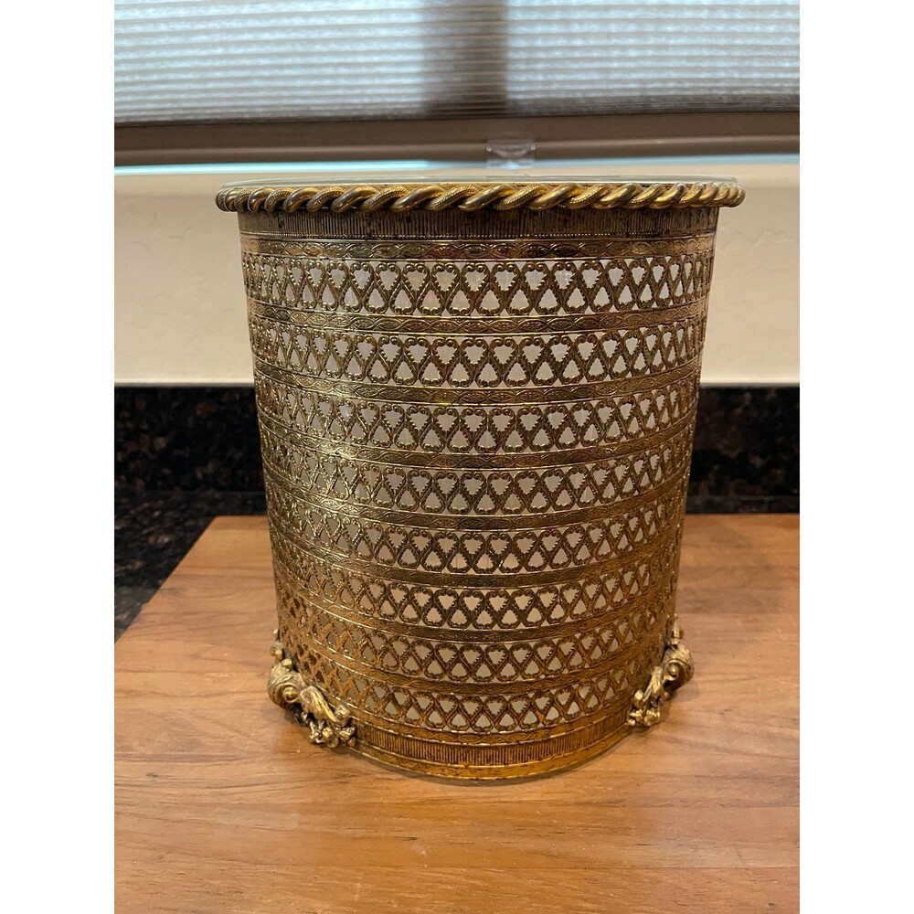Hollywood Regency Style Gold Filigree Wastebasket